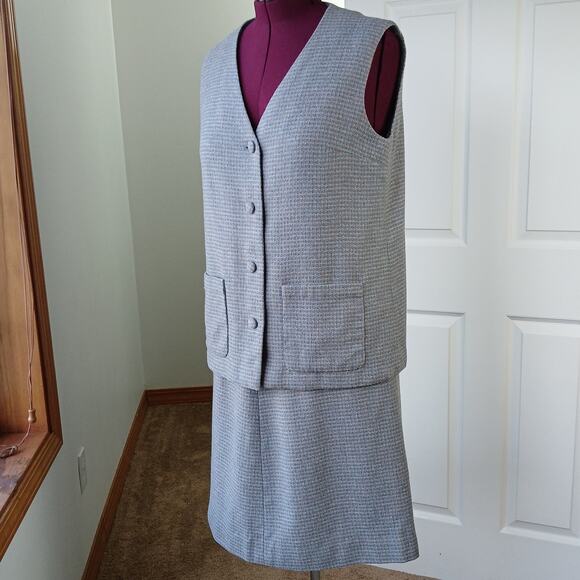 Vintage Handmade 2 Piece Suit 1X ? grey blue wool houndstooth vest skirt pockets - Picture 1 of 14